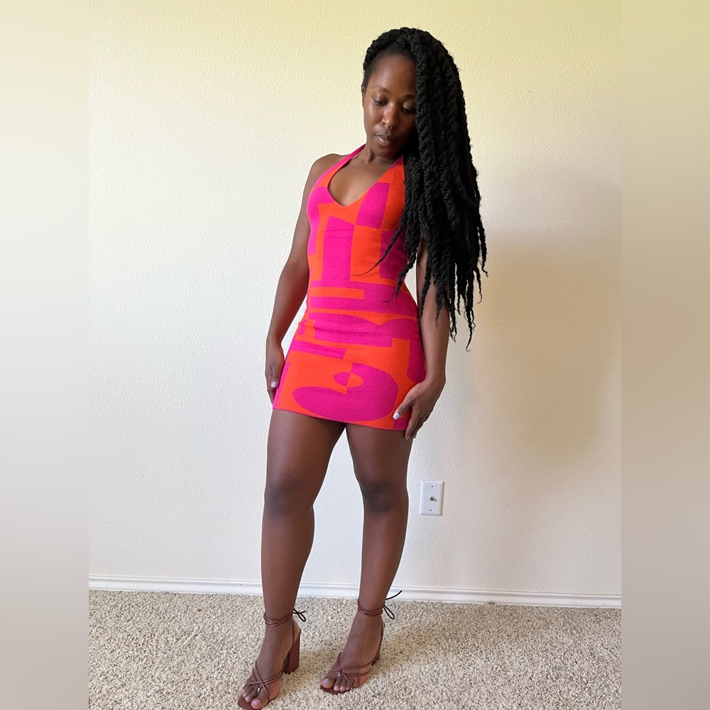 Knit Halter Dress - Orange and Pink Geometric Retro print M-L